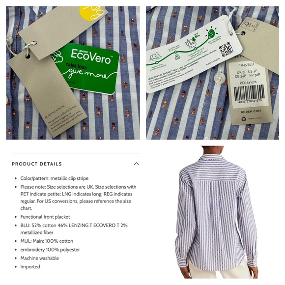 Boden Copper Metallic Clip Blue & White Pinstripe Button Up Shirt Nwt Size 4P - Picture 13 of 15